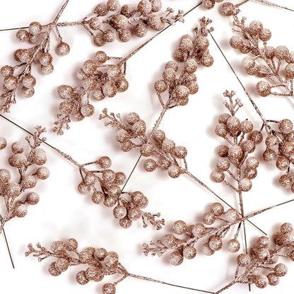 Rose Gold 16-Piece Glitter Berry Stems 8-Inch Frosted Christmas Picks for Wreaths, Ornaments & Decor - Variation Rose Gold