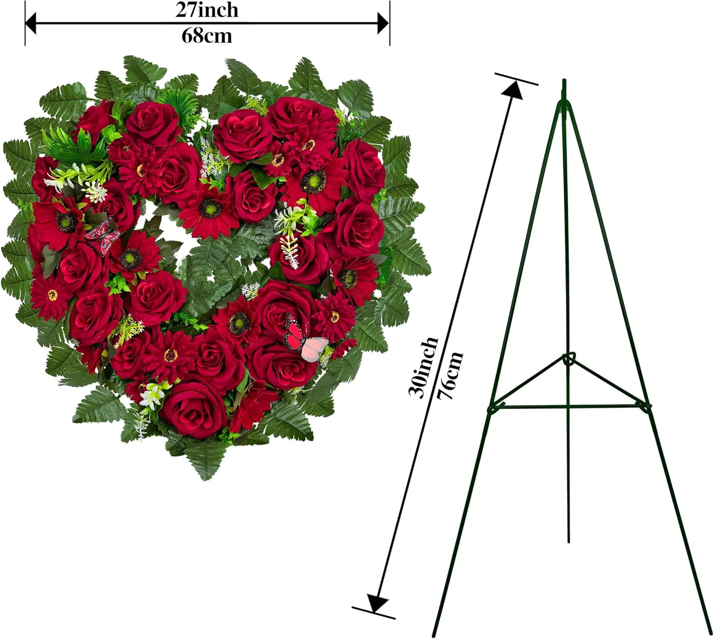 Regine Switzerland Cemetery Wreath - Heart-Shaped Memorial Floral with 30-Inch Easel Stand | Red Rose Design