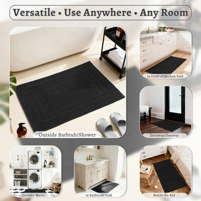 Mrs Awesome Soft 100% Cotton Bath Mat with Hot-melt Non-Slip Backing, 20" x 32" Comfortable & Absorbent Washable Textured Woven Rug for Bathroom, Black
