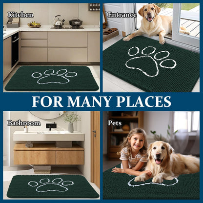 OLANLY Dog Door Mat - Absorbent Non-Slip Mud Mat for Muddy Paws | 24x16 Paw Print Design, Quick Dry Blackish Green