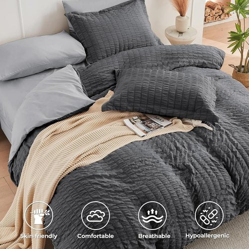 HYMOKEGE King Size Comforter Set - Luxury 7-Piece Bedding Set in Dark Grey/Light Grey | All-Season Comfort