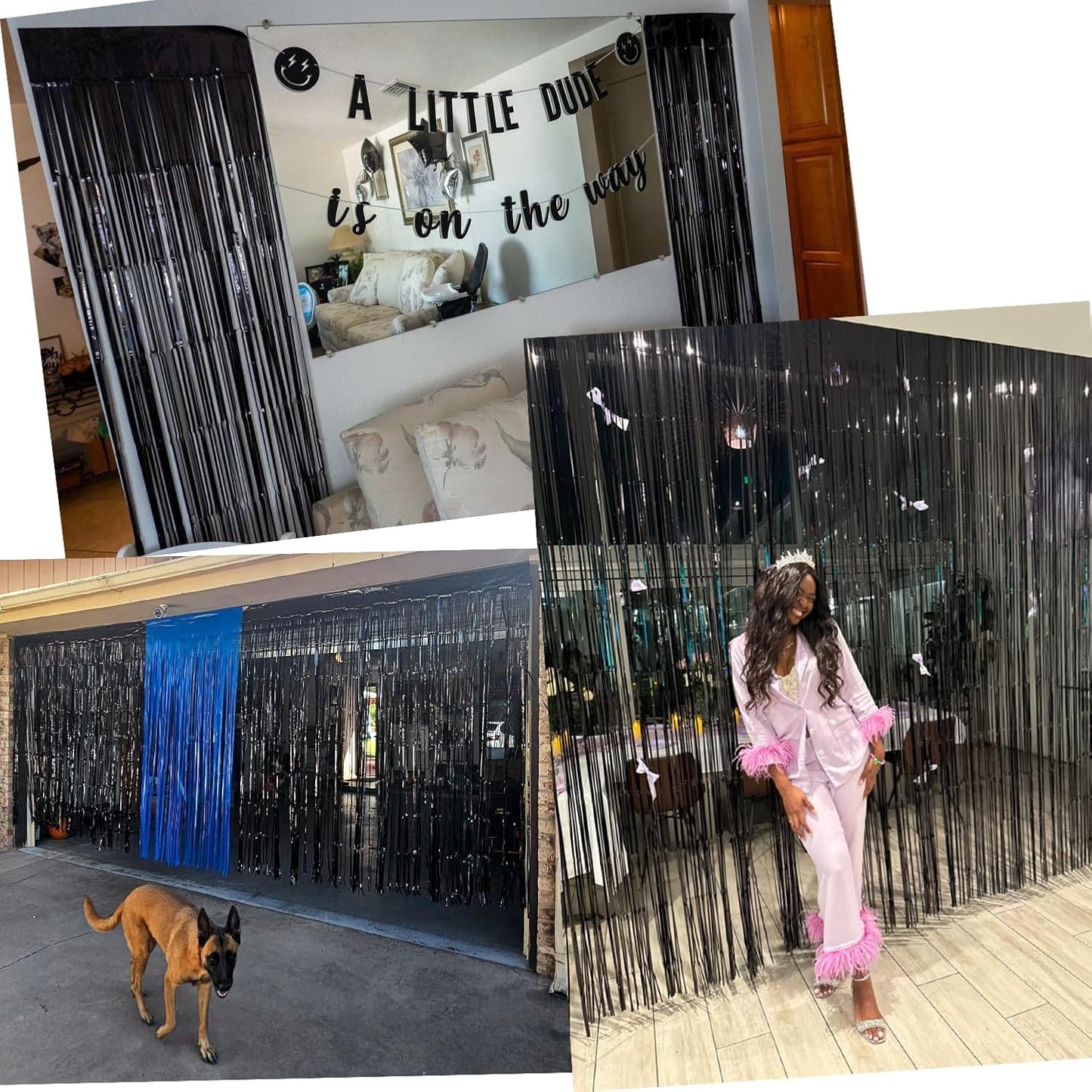 Slmeno Black Foil Fringe Curtains - 4 Pack Glitter Tinsel Backdrop 3.3x8.2ft for Party Decor