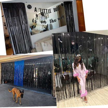 Slmeno Black Foil Fringe Curtains - 4 Pack Glitter Tinsel Backdrop 3.3x8.2ft for Party Decor