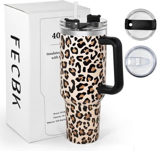 40 oz Stainless Steel Tumbler by [Brand Name] - Leak-Proof Travel Mug with Handle & Straw | Cheetah Design