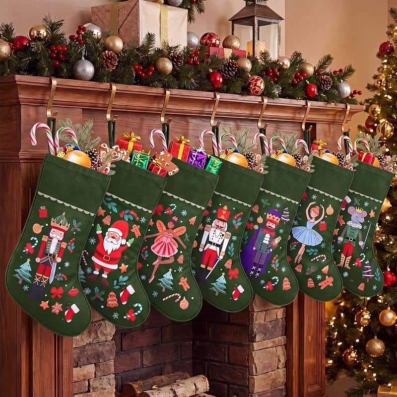 Christmas Stockings 18 Inch Set of 7 — Personalized Nutcracker Green Theme (Variation: 7+Green Fairy Tale)