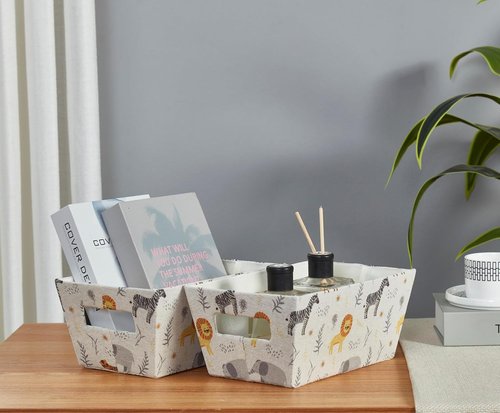 DECOMOMO Small Storage Baskets - Cute Animal Print Organizing Bins for Nursery | Set of 4 Nestable Mini Baskets