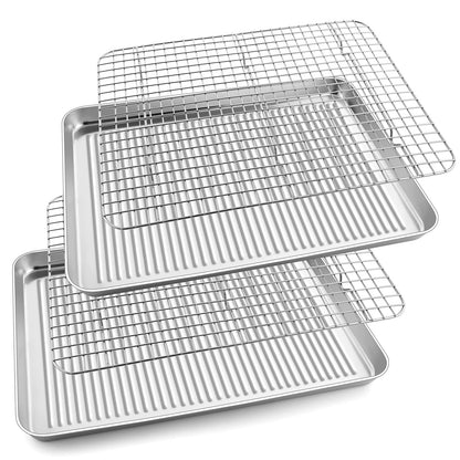 Baking Sheet Pan with Rack Set, E-far 16”x12” Stainless Steel Cookie Sheet for Oven Cooking Roasting, Rimmed Textured Metal Tray with Wire Cooling Rack for Resting Bacon Meat Steak - Dishwasher Safe