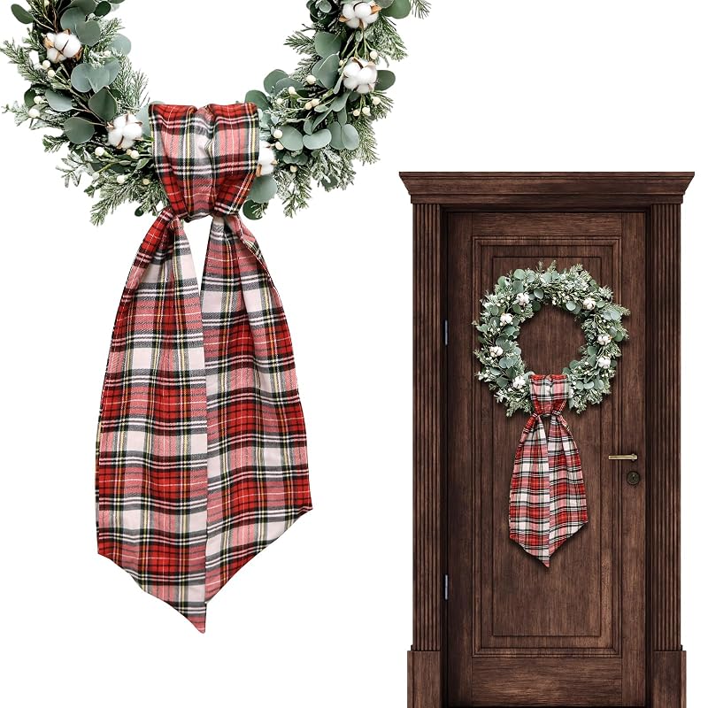 Christmas Wreath Sash for Front Door - Red Green Burlap Plaid Ribbon, 54.3 in