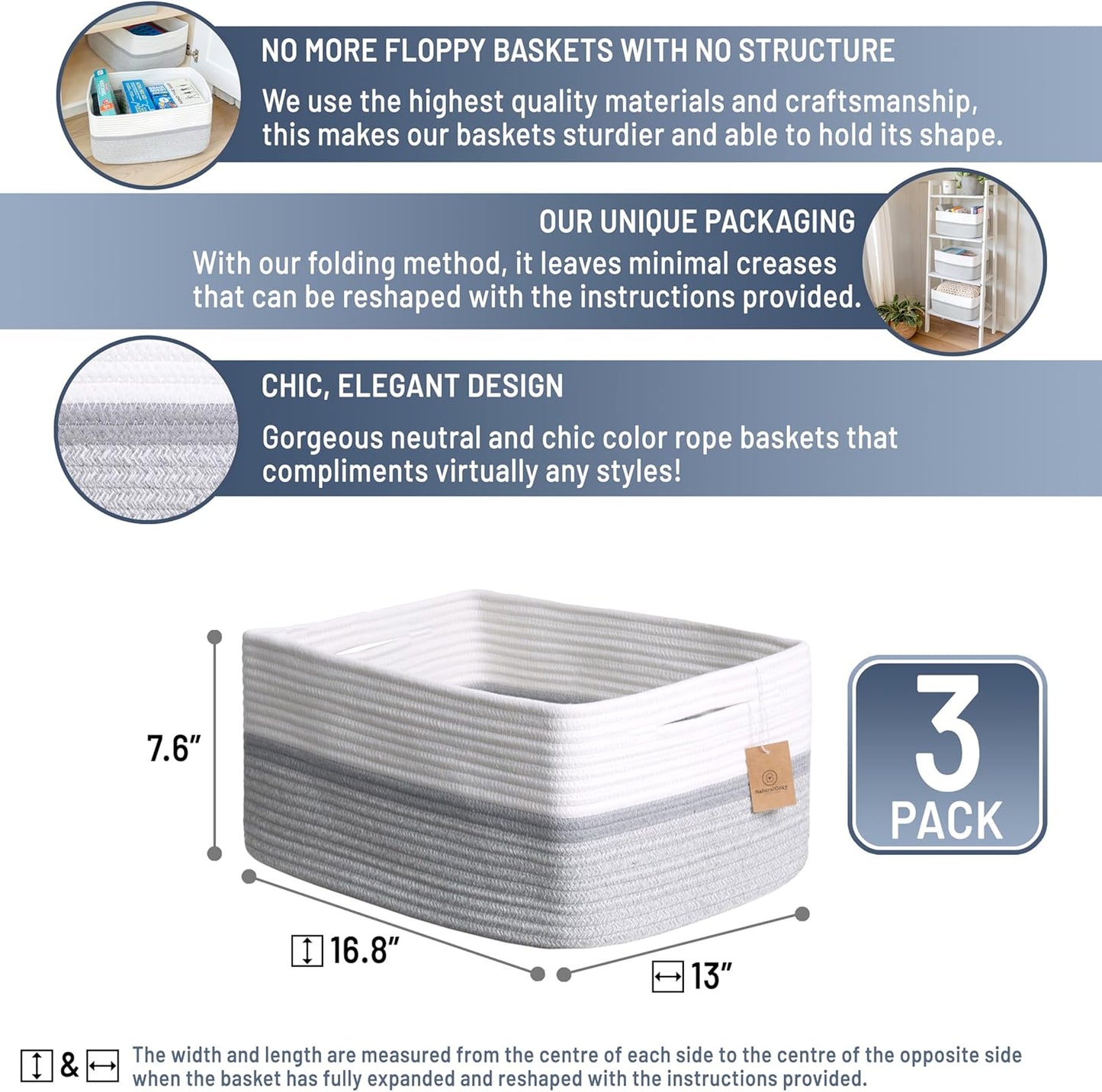 NaturalCozy Storage Baskets - 3-Pack Cotton Rope Woven Bins for Organizing | 16.8”x13”x7.6” | Ideal for Toys, Laundry, and More