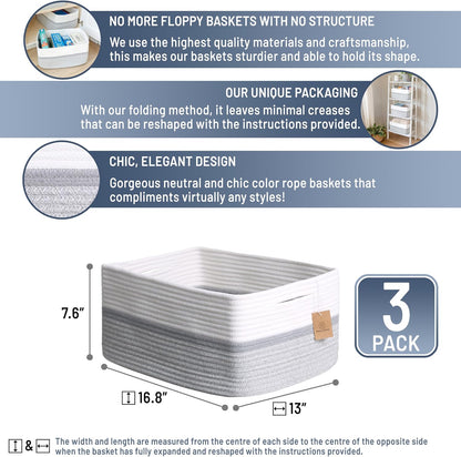 NaturalCozy Storage Baskets - 3-Pack Cotton Rope Woven Bins for Organizing | 16.8”x13”x7.6” | Ideal for Toys, Laundry, and More