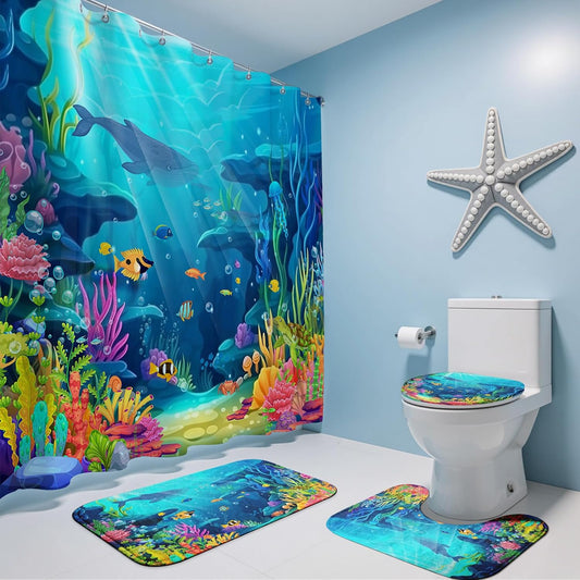 Skiennix Ocean Shower Curtain Set - Tropical Underwater World Design with Non-Slip Bath Rugs | Kids Bathroom Decor