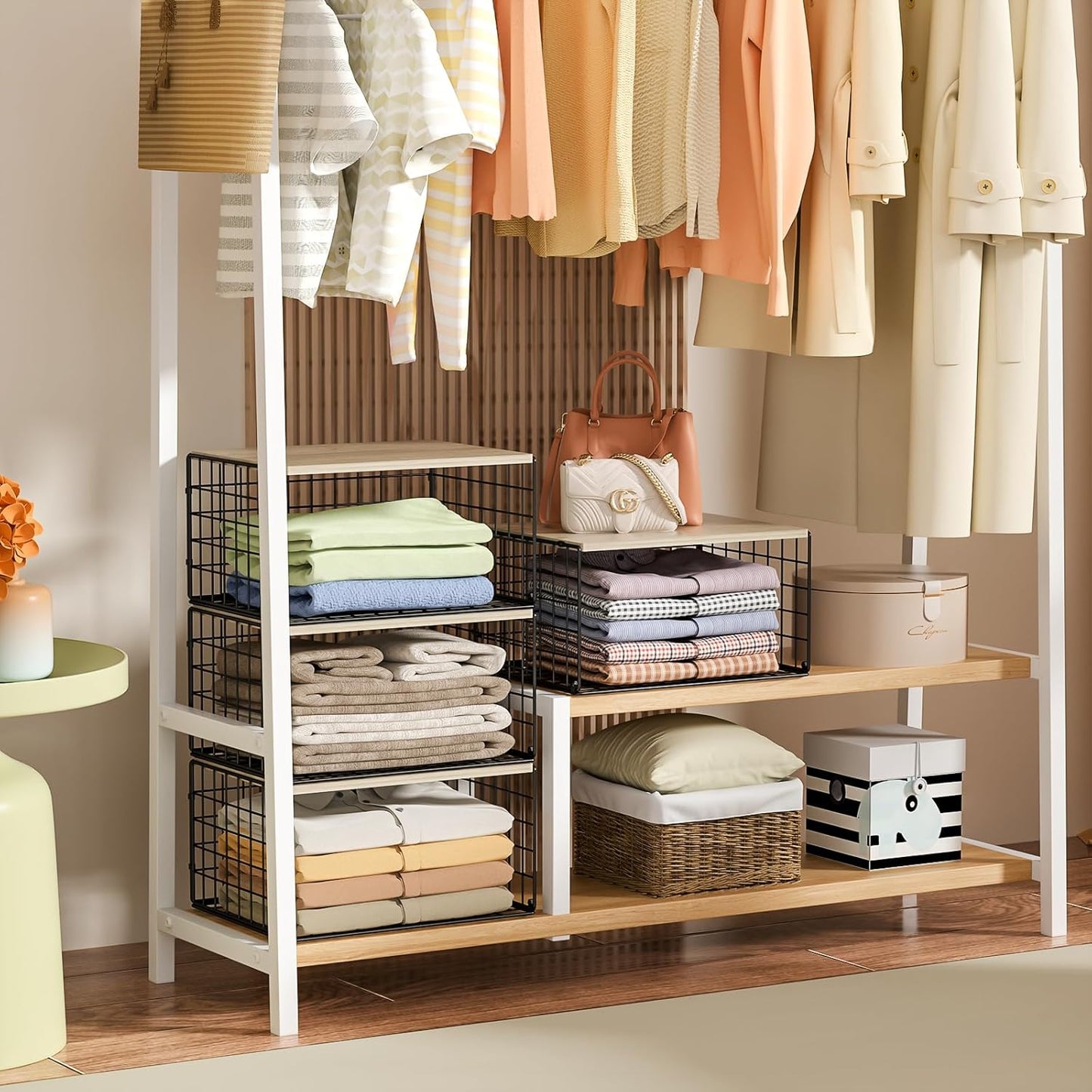 Sturdy Metal Black Closet Organizers - Extra-Long Stackable Shelf Storage with Wood Top | 3 Pack for Space-Saving