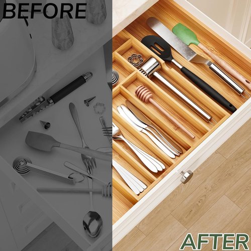 BAMEOS Bamboo Drawer Organizer - Expandable Cutlery Tray for Kitchen & Bathroom Storage