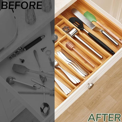 BAMEOS Bamboo Drawer Organizer - Expandable Cutlery Tray for Kitchen & Bathroom Storage