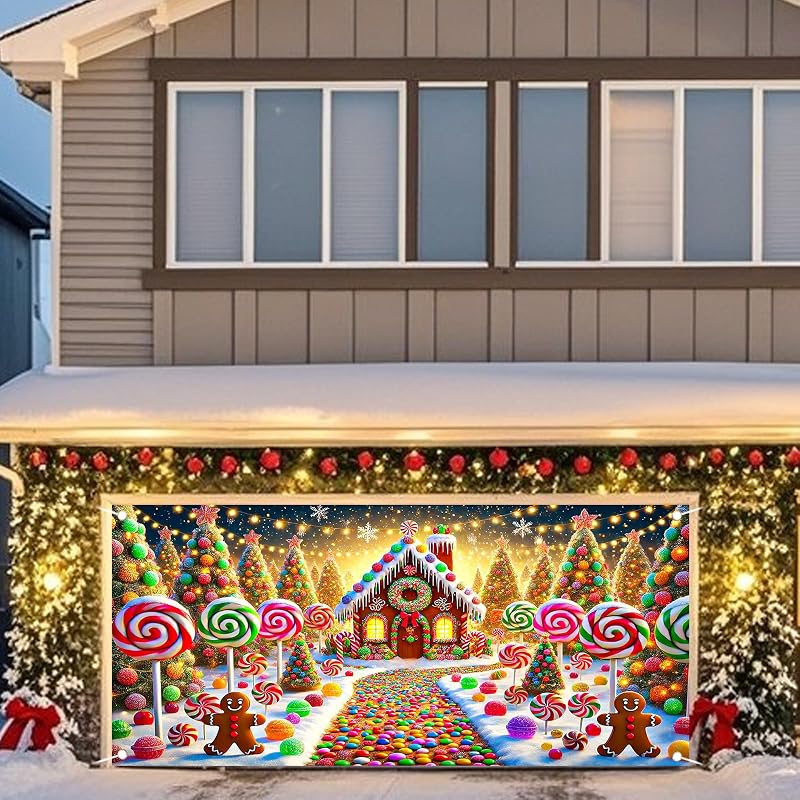Nuxovilar Christmas Garage Door Cover 6x13 Ft - Polyester, Reinforced Grommets, Double-Sided Graphics, Variation hd05159