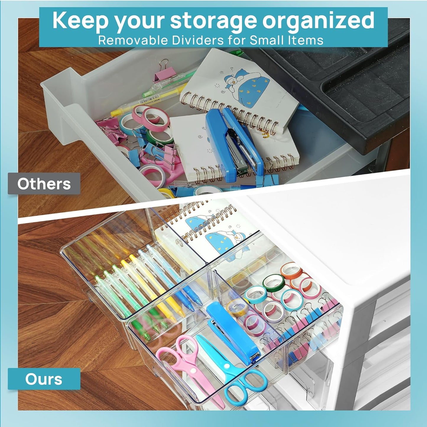 Vtopmart Plastic Drawer Organizer - 4-Tier Storage with 6 Drawers & Wheels | Clear for Office & Crafts