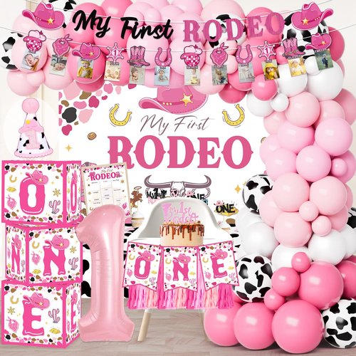 My First Rodeo Decorations Girl, Western Cowgirl 1st Birthday Party Decorations, Cowgirl Balloon Arch Kit Western Party Supplies Backdrop Tablecloth for 1st Rodeo Birthday Party Decor Girl