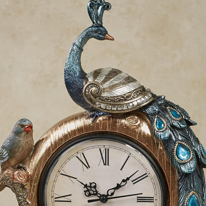 Poised Peacock Battery-Operated Pedestal Clock with Resin Birds