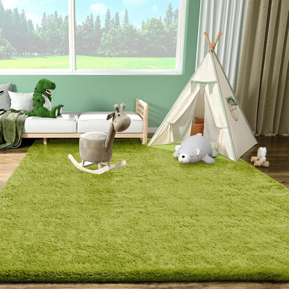 Ophanie Green Shag Area Rug - Soft Fluffy Plush Carpet for Living Room & Bedroom | 5x8 Size