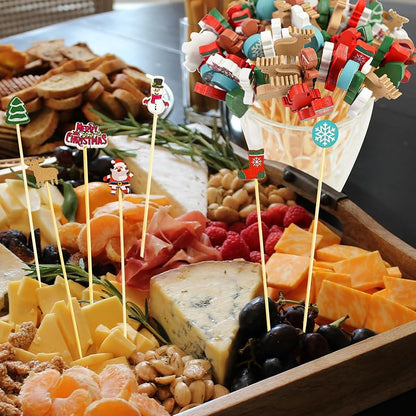Christmas Theme Cocktail Picks 100 Pcs Bamboo Toothpicks 4.7" - Snowman, Tree & Santa