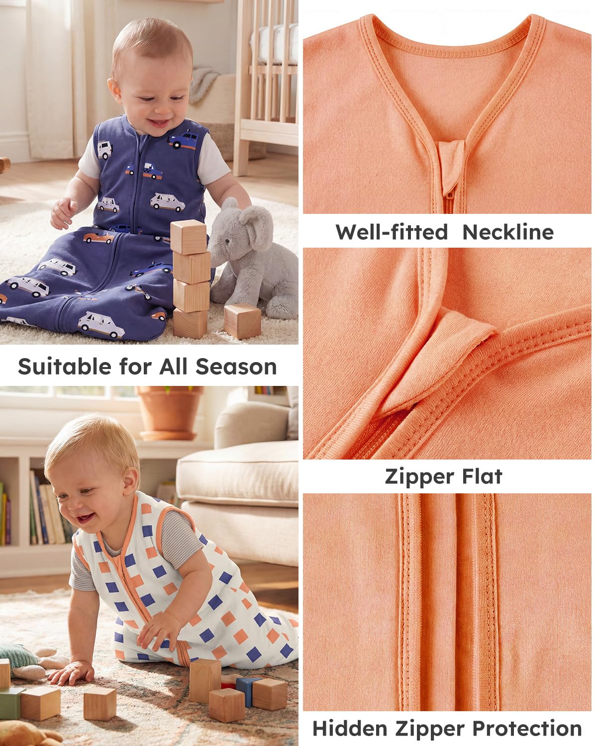 Yoofoss Baby Sleep Sack | 100% Organic Cotton Wearable Blanket for 6-12 Months | 2-Way Zipper, Soft & Lightweight, 3 Pack