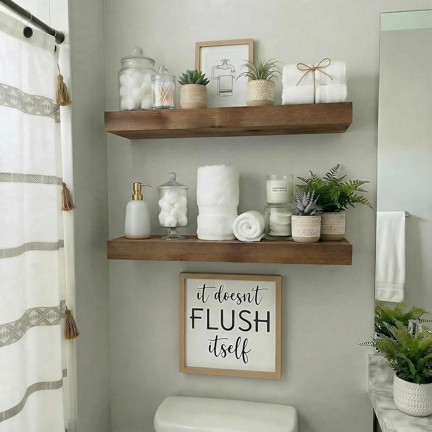 BBE Floating Shelves - Rustic Walnut Wall-Mounted Storage for Bathroom & Living Room | Set of 2, 16 Inch