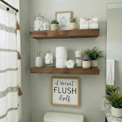 BBE Floating Shelves - Rustic Walnut Wall-Mounted Storage for Bathroom & Living Room | Set of 2, 16 Inch