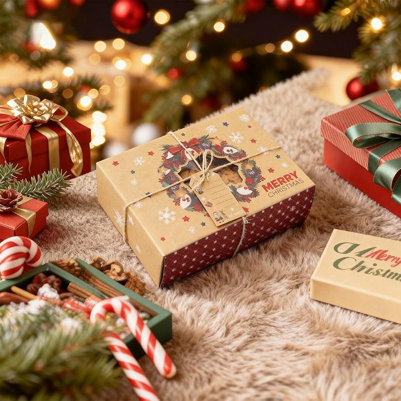 12-Pack Christmas Cookie Boxes with Window, Kraft Treat Tins with Ribbons & Tags
