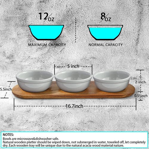 Artena Ceramic Chip and Dip Serving Set - 12 oz with Acacia Tray & 5-inch Grey Bowls for Appetizers