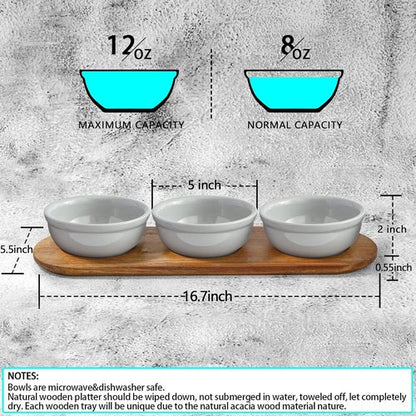 Artena Ceramic Chip and Dip Serving Set - 12 oz with Acacia Tray & 5-inch Grey Bowls for Appetizers