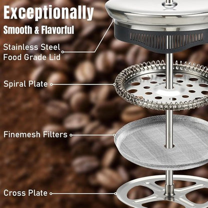 KYZ French Press Coffee Maker - 20oz Borosilicate Glass with 304 Stainless Steel & 4-Level Filter | BPA Free, Easy to Clean