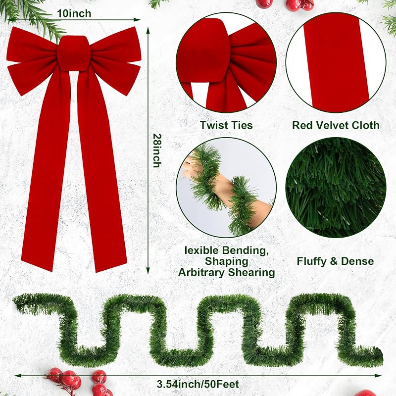 This listing: 50 ft Christmas Garland with Lights, 8 Red Velvet Bows - Classic Variation