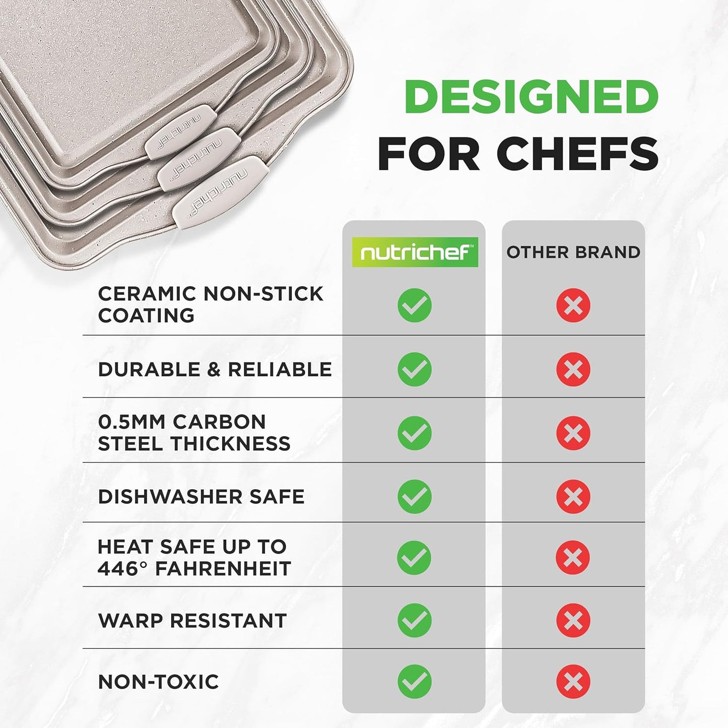 NutriChef Nonstick Cookie Sheets - Premium Carbon Steel Baking Pans with Silicone Handles | Easy to Clean, Cream Marble