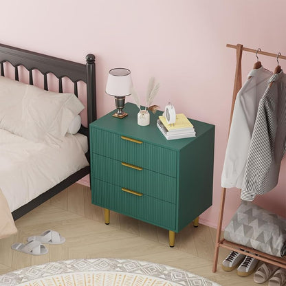 3-Drawer Storage Chest with Vertical Groove Panels and Tapered Metal Legs - Green, 28" × 16.9" × 29.9"