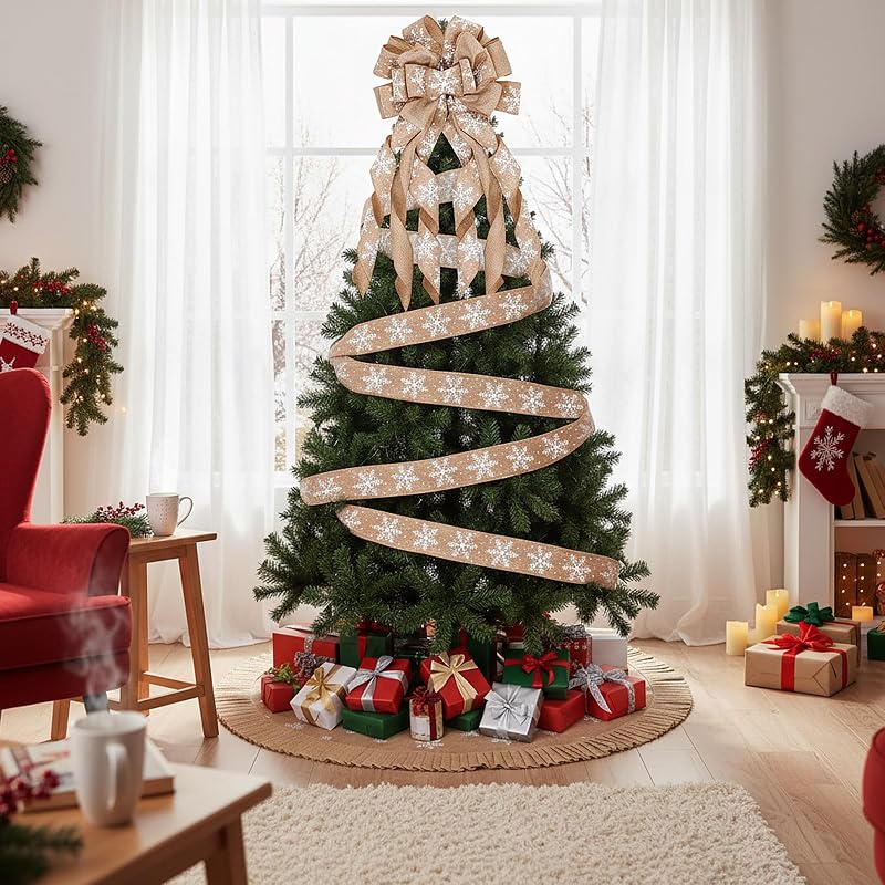 Zomiboo 47 Inch Christmas Tree Skirt Topper Bow Ribbon Set, Linen