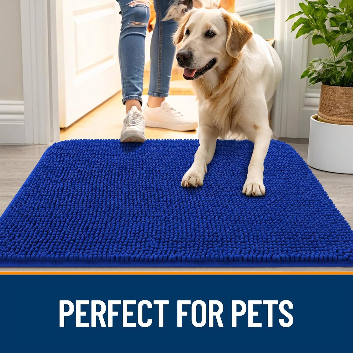 OLANLY Dog Door Mat - Absorbent Non-Slip Mud Mat for Dogs | Quick Dry Chenille, 70x32, Royal Blue