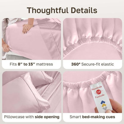 California Design Den Twin Size 100% Cotton Sheet Set - Silky Smooth Sateen, 400 Thread Count, Pink