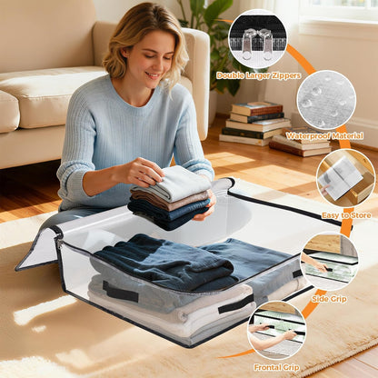 Skiennix Under Bed Storage Bags - 60L Foldable Clear Containers with Dual Zippers & Handles | 6 Pack for Bedding & Clothes