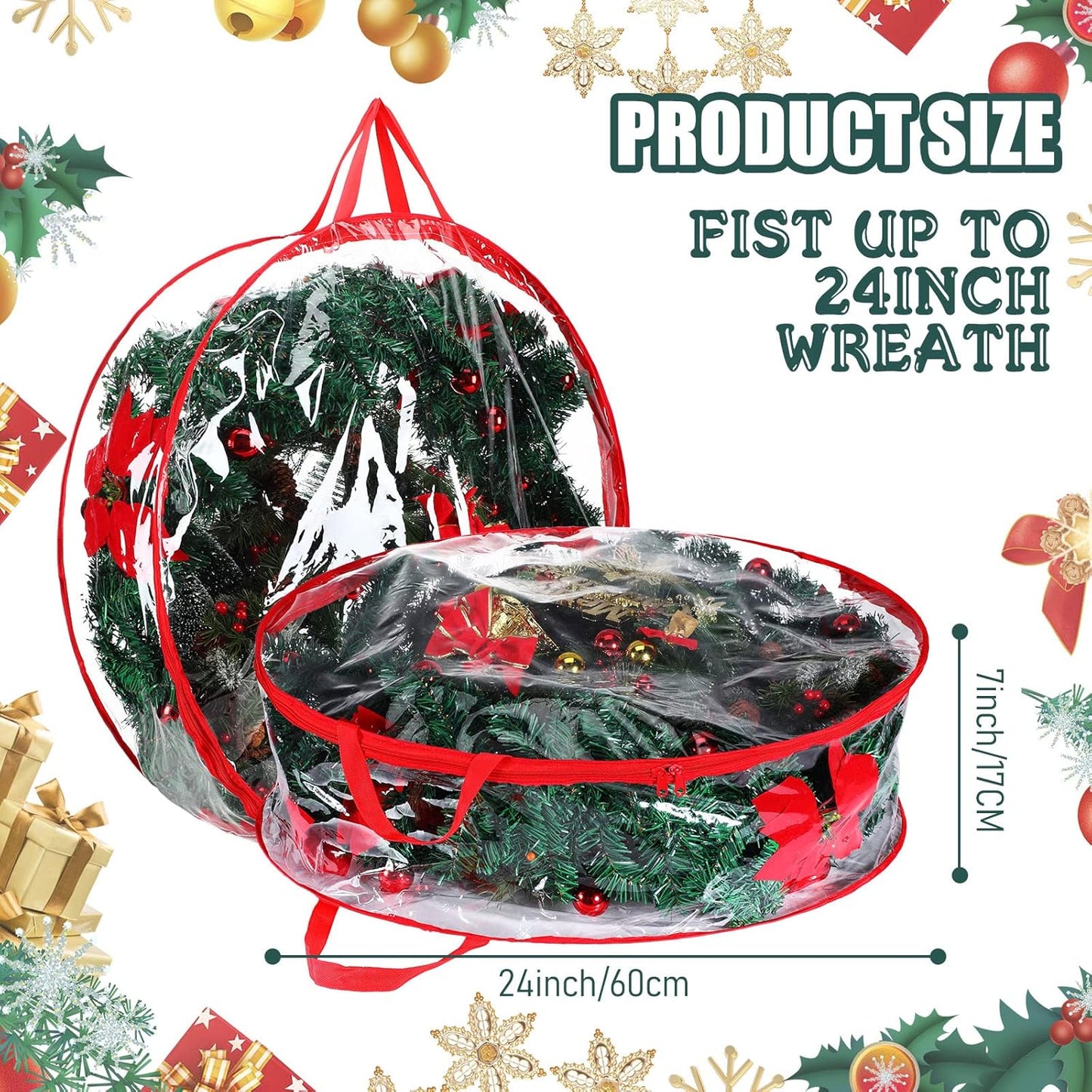 Shappy Clear Christmas Wreath Storage Container - 24 Inch Xmas Wreath Bag with Dual Zippers & Reinforced Handles | Red