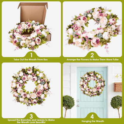 Peony Rose Spring Wreath by [Brand Name] - 22 Inch Handmade Floral Decor for Front Door & Windows