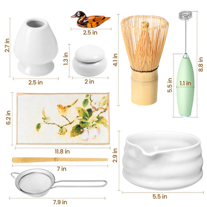 Matcha Whisk Set and Bowl, Matcha Making Kit Whisk, Bowl With Spout, Powder Starter Sifter, Ceramic Whisk Holder, Spoon Japanese Tea Tools For Ceremony Gift (White, 9 Pack)