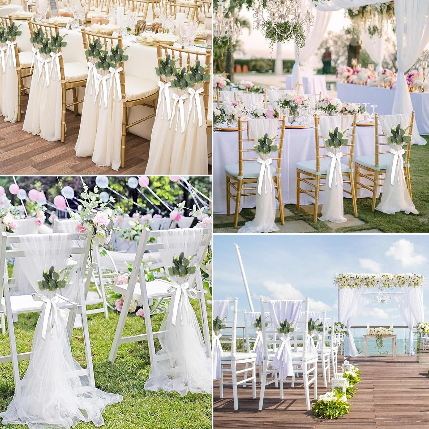 Skiennix Wedding Aisle Decorations - 24 Sets of Elegant White Ribbon Bows with Artificial Eucalyptus for Chairs & Benches