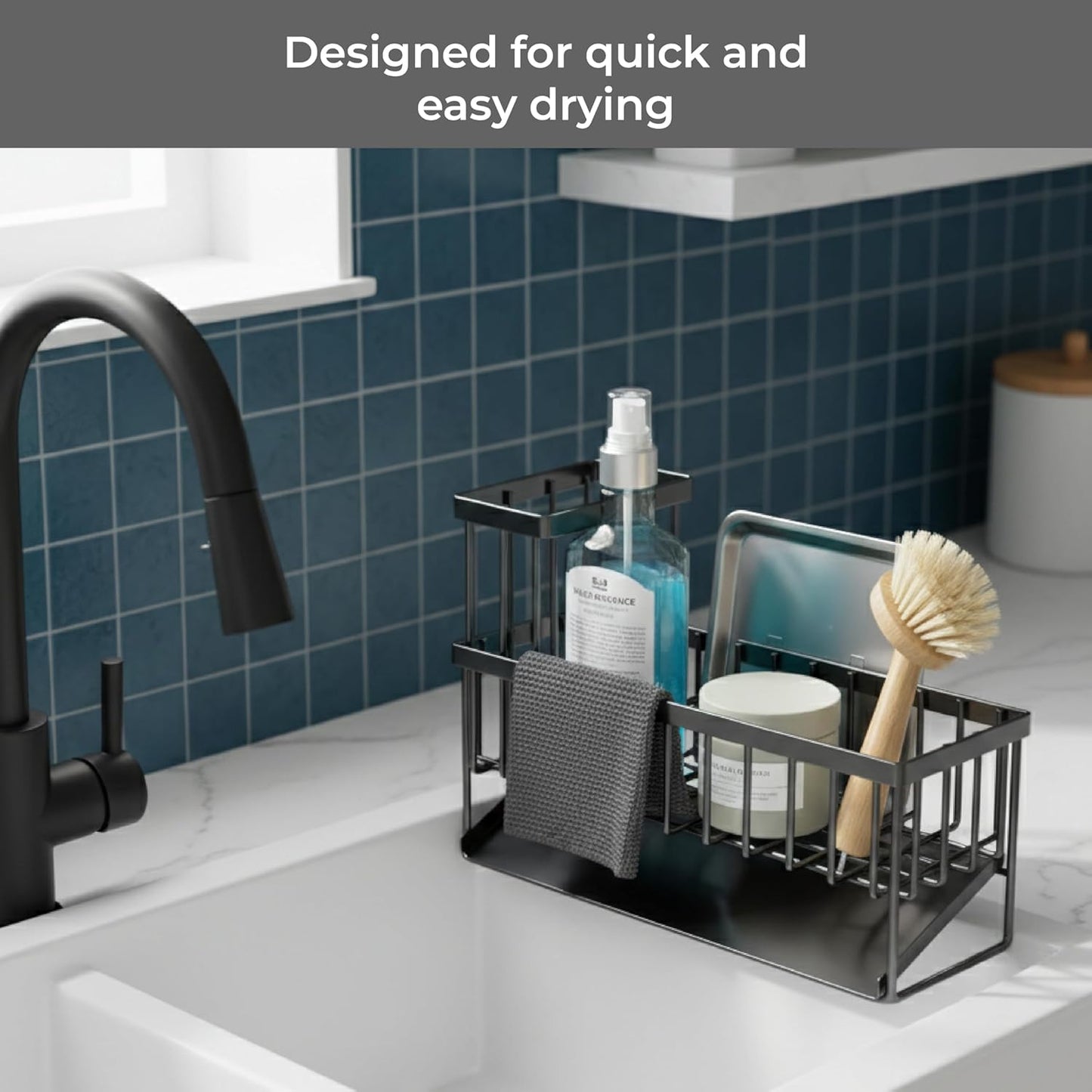 Skiennix Black Stainless Steel Sponge Holder - Rotating Drain Spout & High Brush Holder | Kitchen Sink Organizer with 2 Bear Sponges