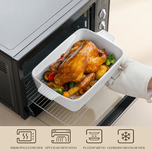 MALACASA 4.4 QT Ceramic Baking Dish - Large 9x13 Casserole Pan with Rack & Handles | Oven & Microwave Safe, White