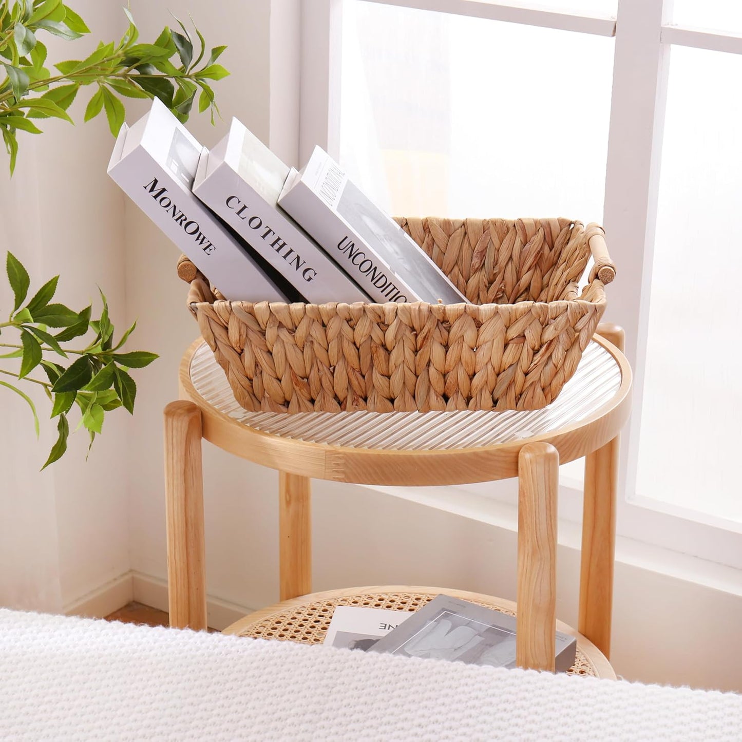Water Hyacinth Basket by Handcrafted | Large Rectangular Wicker Storage Basket with Wooden Handles