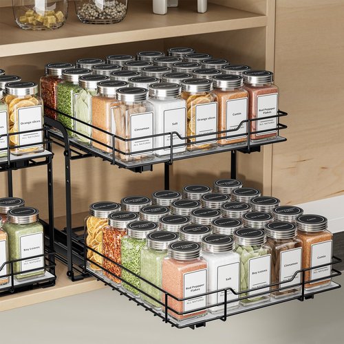 BOIVSHI 2-Tier Spice Rack, Pull Out Cabinet Organizer Spice Racks Height Adjustable Heavy Duty Metal Basket for Inside Cabinets & Pantry Closet(9.5''Wx10.5''Dx9.5''H)