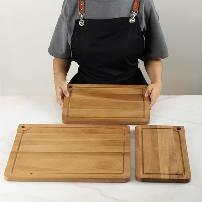 Sango Acacia Cutting Board Set - 3-Piece Wood Chopping Boards with Juice Grooves & Hanging Holes | Stackable, Reversible, Non-Toxic