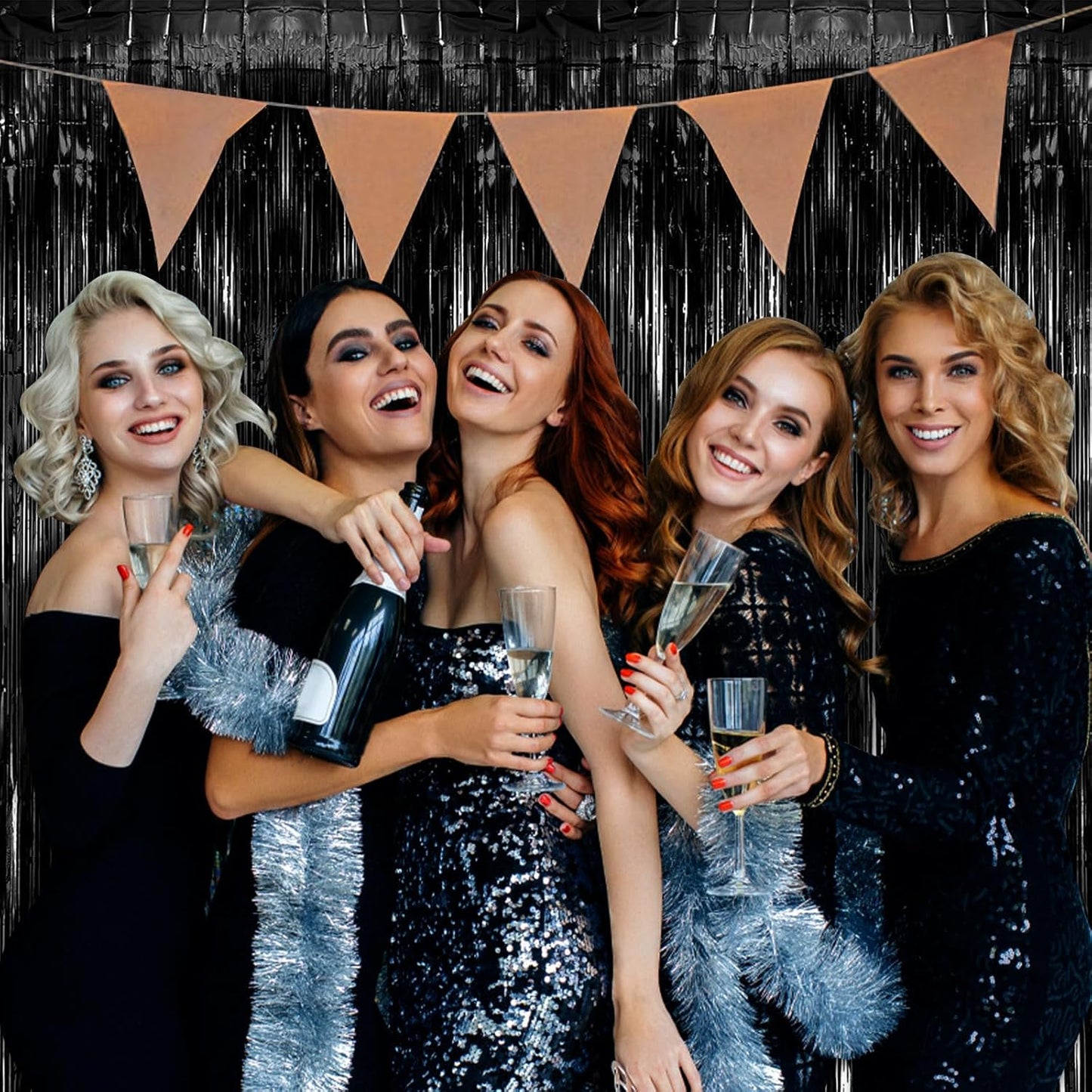Skiennix 20 Pack Foil Curtain Backdrop - Black Metallic Tinsel Fringe for Parties & Events
