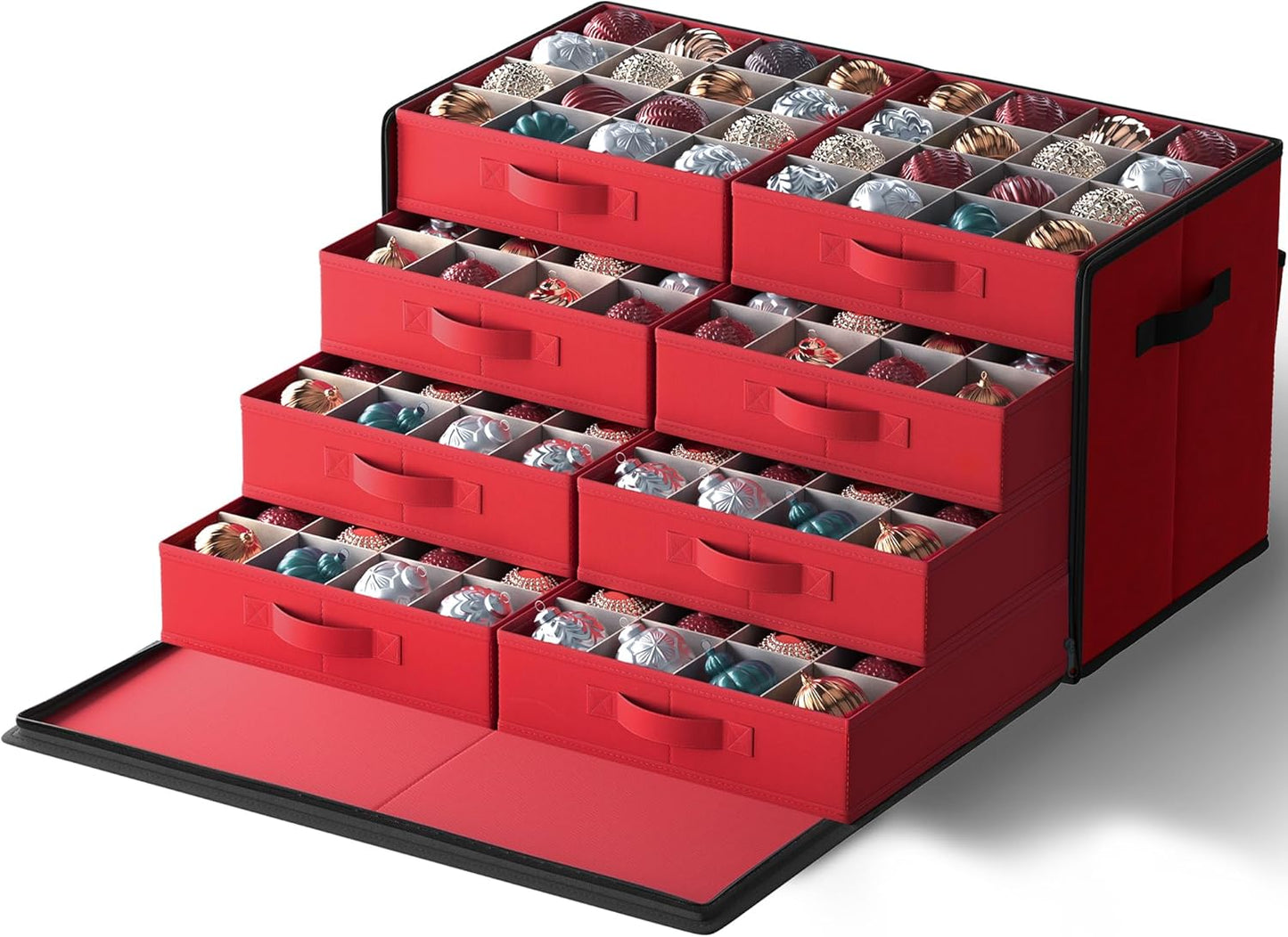 SONGMICS Christmas Ornament Storage Box - Stackable Container with 128 Slots & Lid - Cherry Red, 600D Oxford