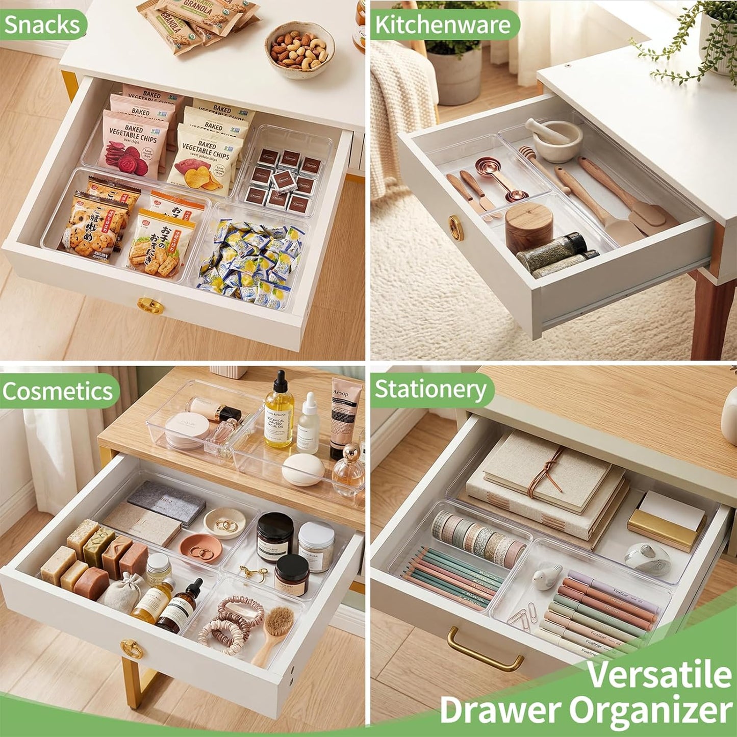 Skiennix 8 PCS Clear Plastic Drawer Organizer Trays - Versatile Storage for Makeup, Office & Kitchen